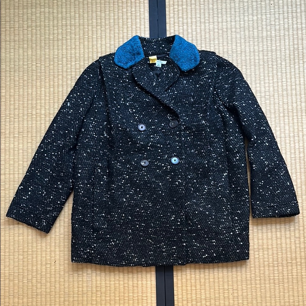 Carven Black Tweed Coat with Blue Collar